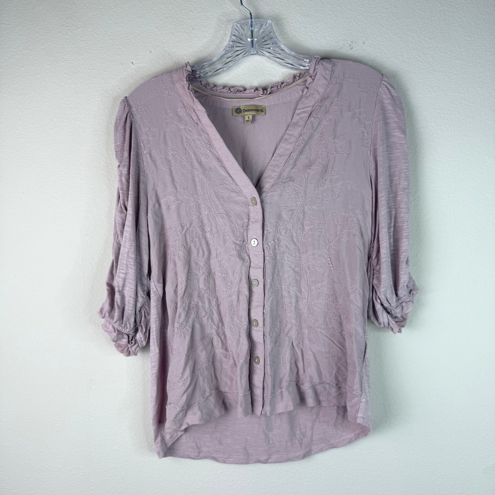 Democracy Top Womens Small Pink Embroidered Button Front Ruffle Puff Sleeve
